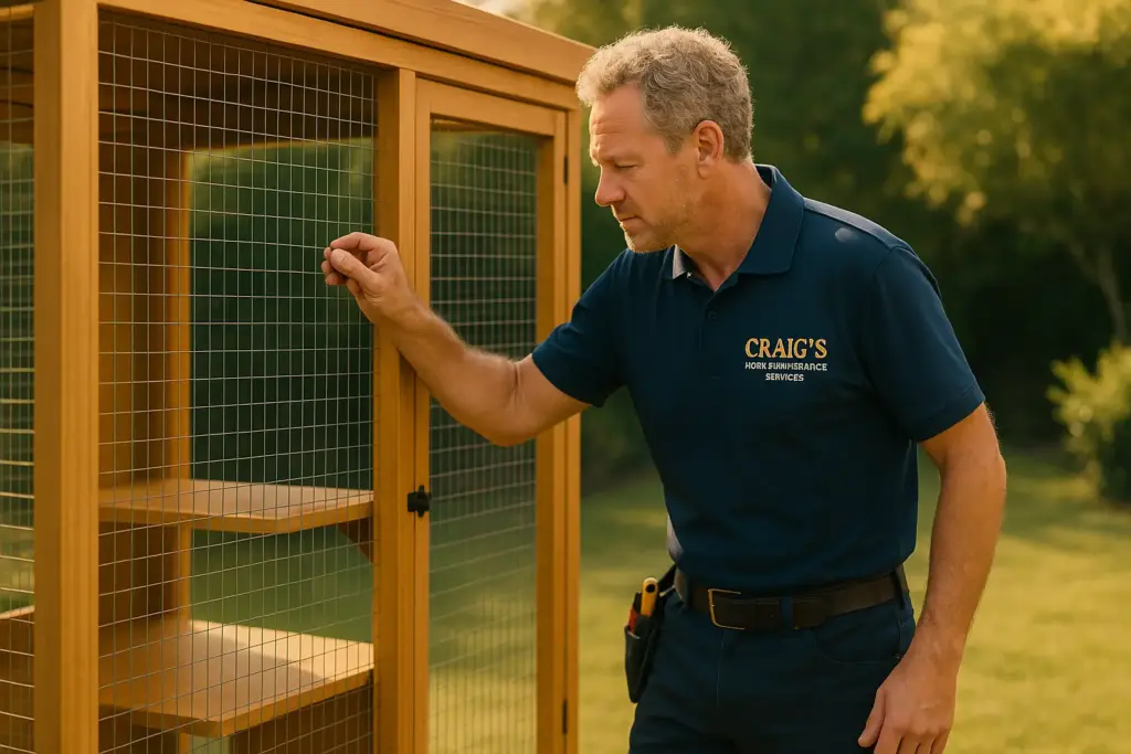 Wellington handyman inspecting the final details of a custom-built bird aviary, a type of pet encampment service offered.