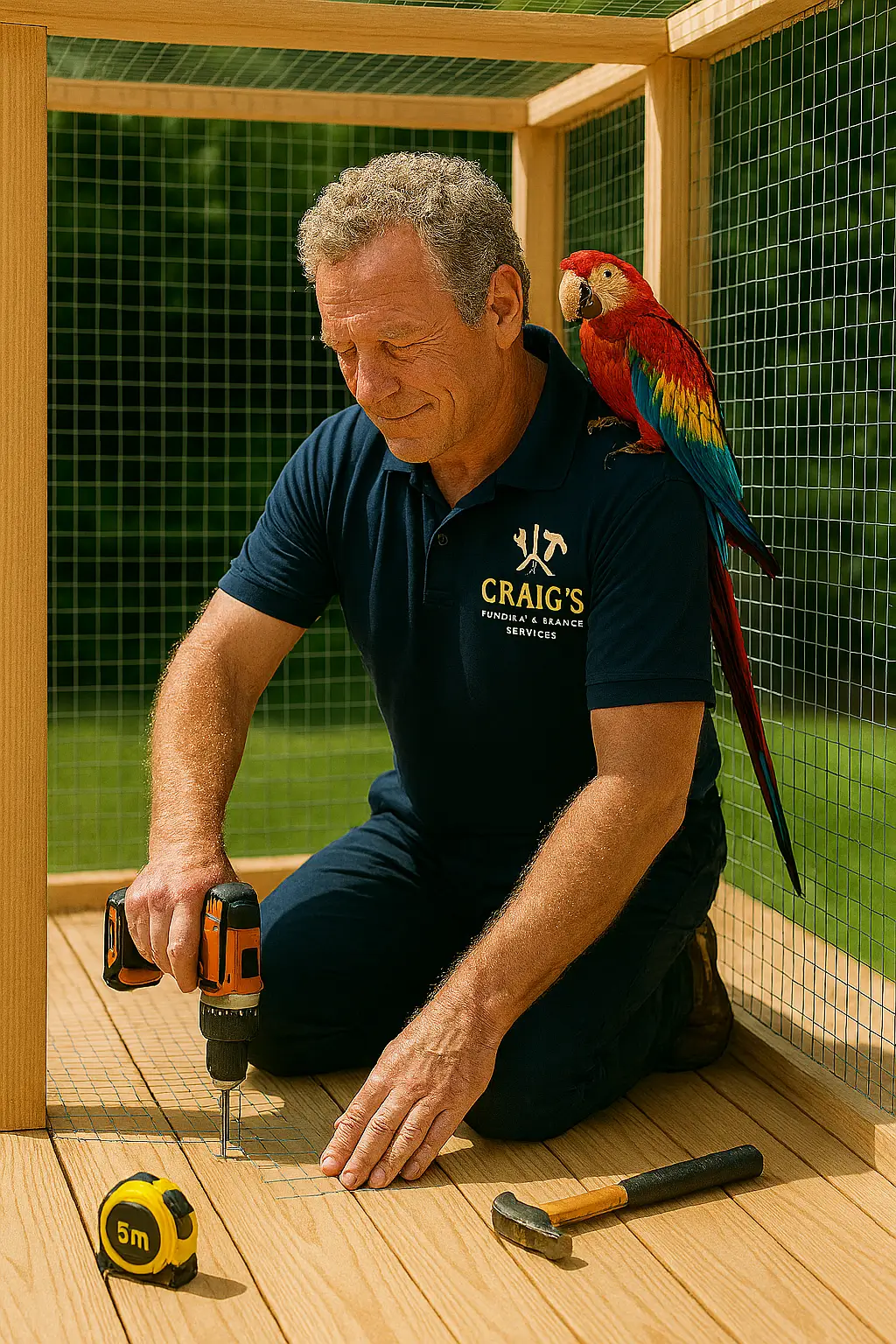 Wellington handyman constructing a custom bird aviary with a parrot on his shoulder, showcasing our pet encampment building services.