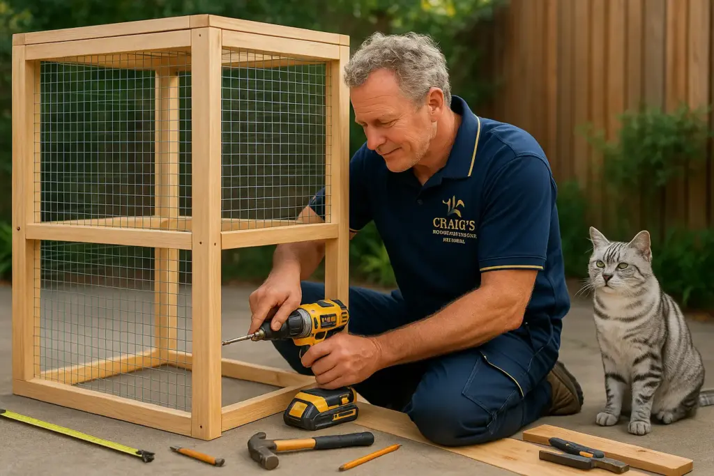 Wellington handyman building a custom catio while a silver tabby cat watches, showcasing our pet enclosure construction service.