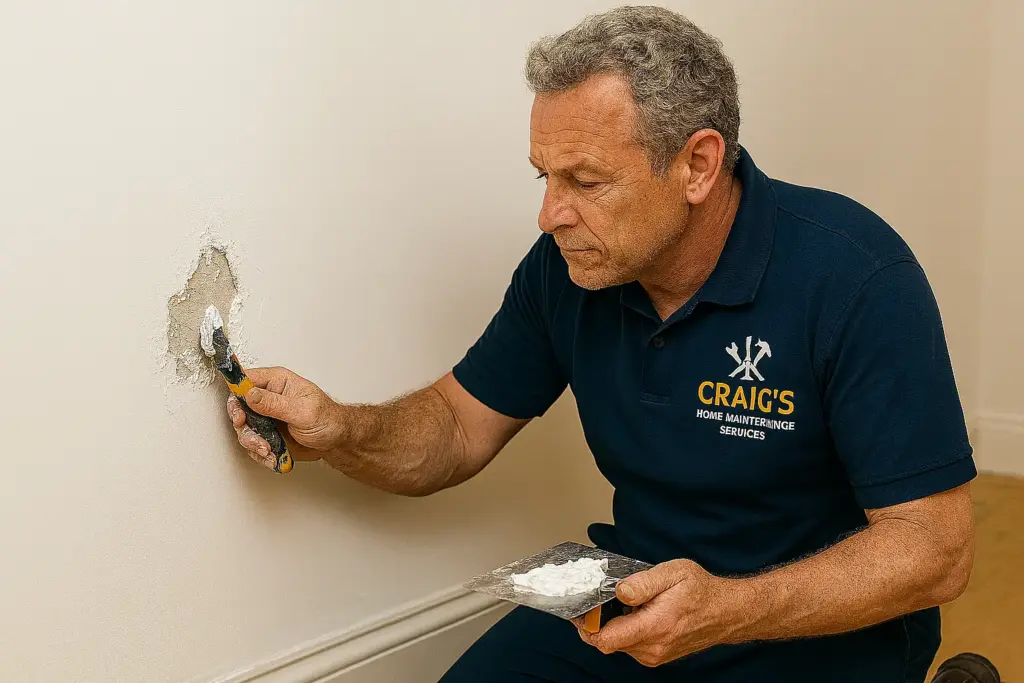 Wellington handyman repairing a damaged wall for an end-of-tenancy landlord service, fixing tenant damage with gib filler.